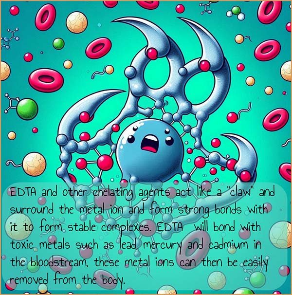 Comic style image showing EDTA removing metal ions from the bloodstream